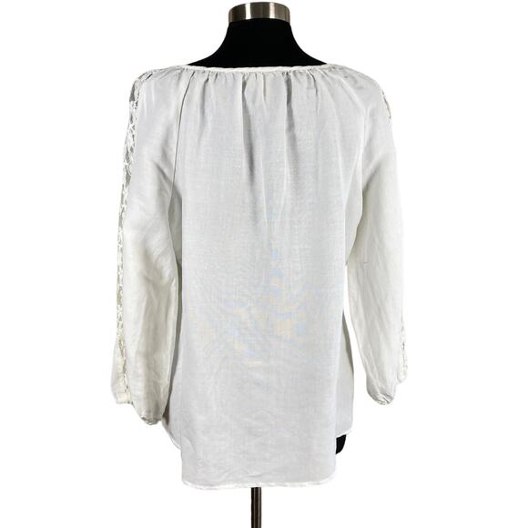 Valerie Stevens White Linen Blend 3/4 Sleeve Top Lace Insets LG Cottage Prairie - Picture 4 of 7